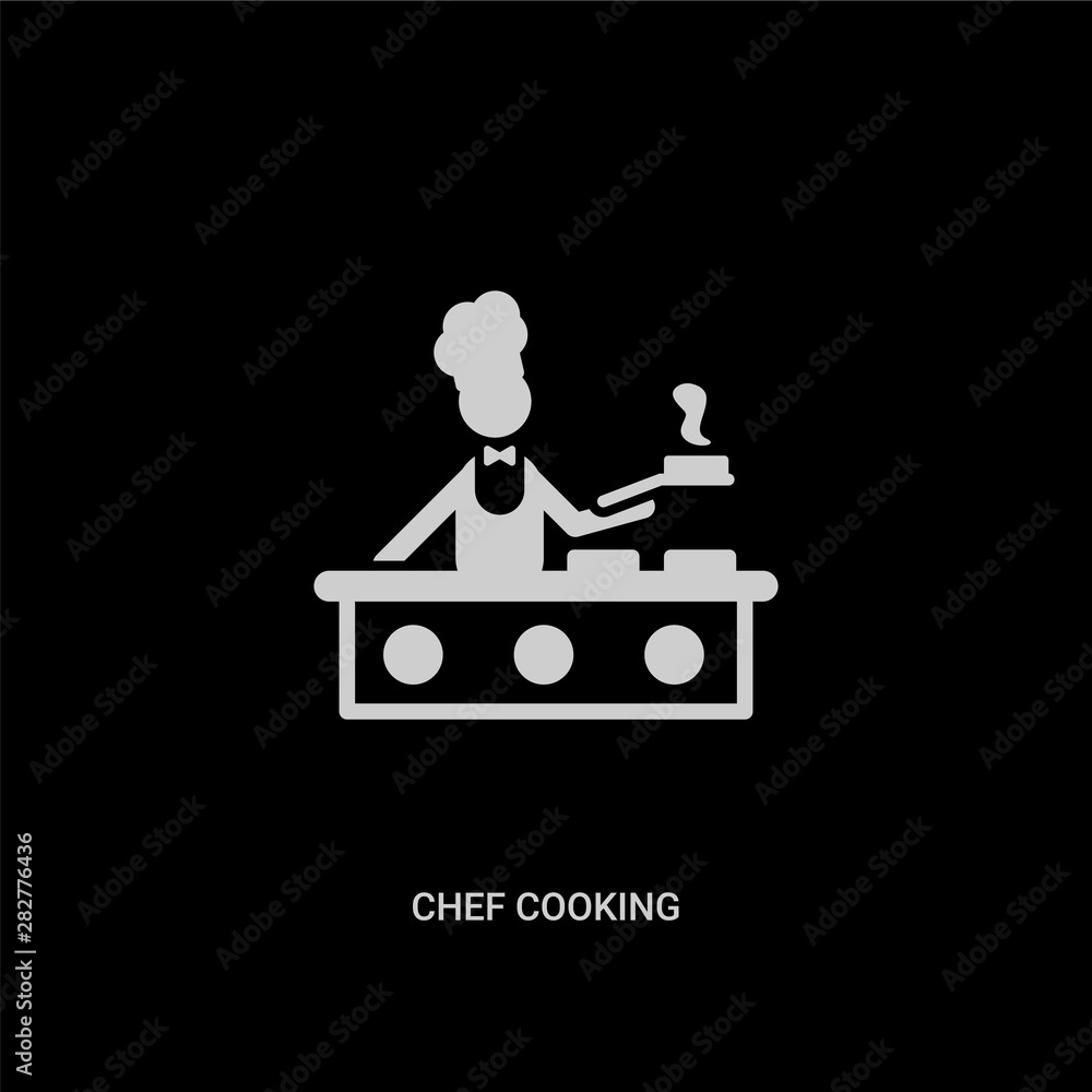 white chef cooking vector icon on black background. modern flat chef cooking from people concept vector sign symbol can be use for web, mobile and logo. white chef cooking vector icon on black background. modern flat chef cooking from people concept vector sign symbol can be use for web, mobile and logo.