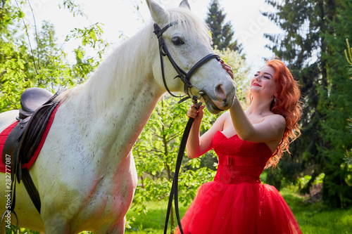 Portrait of a beautiful girl with red hair in a red dressy dress near with a white horse on a green nature
