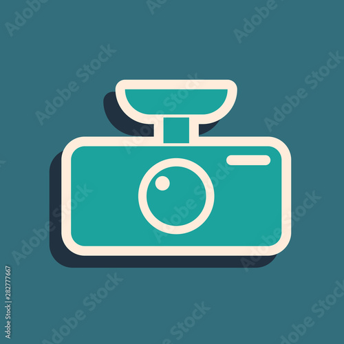 Green Car DVR icon isolated on blue background. Car digital video recorder icon. Long shadow style. Vector Illustration