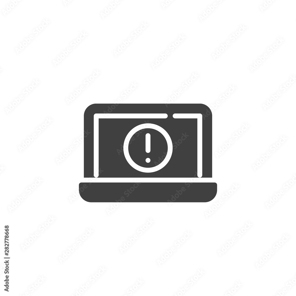 Laptop screen error notice vector icon. filled flat sign for mobile concept and web design. Computer warning notification glyph icon. Symbol, logo illustration. Vector graphics Laptop screen error notice vector icon. filled flat sign for mobile concept and web design. Computer warning notification glyph icon. Symbol, logo illustration. Vector graphics