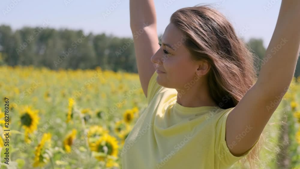 Beautiful woman with long hair relaxes standing in a field with sunflowers. hair tearing in the wind Beautiful woman with long hair relaxes standing in a field with sunflowers. hair tearing in the wind