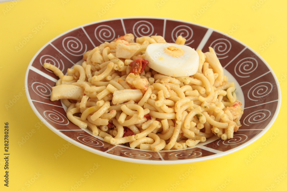 Fideua dish Spanish typical food composed of pasta, fish and seafood