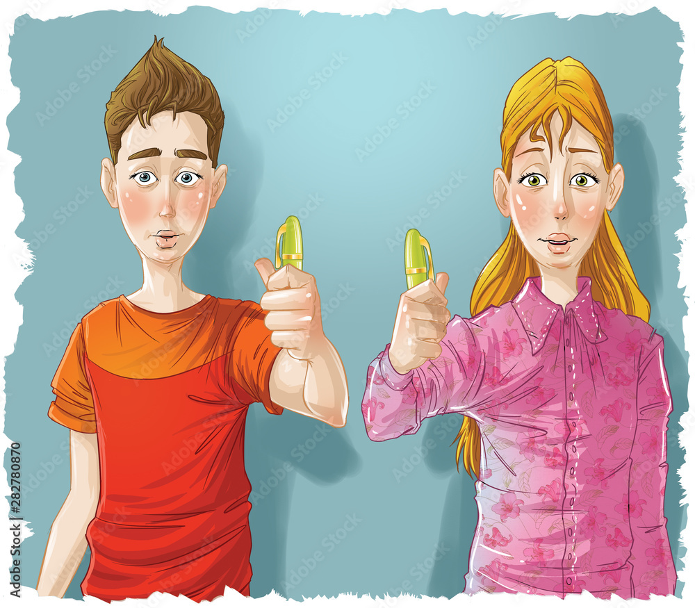 boy and girl with pencils in hands boy and girl with pencils in hands