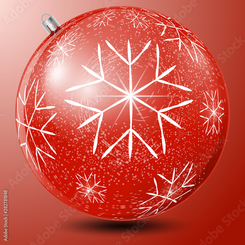 Christmas ball of red color with a pattern of white snowflakes and a snow blizzard. Realistic vector image of a ball for a Christmas tree on a red background with a gradient.