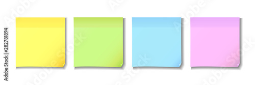 Yellow, green, blue and pink sticky notes paper. Four post note colorful paper on white background. Vector illustration