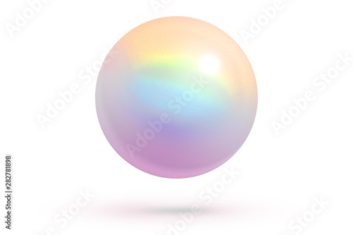 Realistic single shiny natural rainbow sea pearl with light effects isolated on white background. Spherical beautiful orb with transparent glares and highlights. Jewel gems. 3D render.