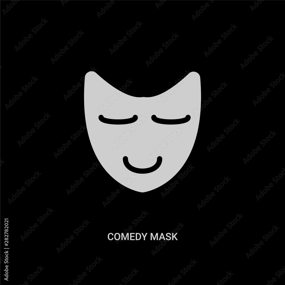white comedy mask vector icon on black background. modern flat comedy mask from education concept vector sign symbol can be use for web, mobile and logo. white comedy mask vector icon on black background. modern flat comedy mask from education concept vector sign symbol can be use for web, mobile and logo.