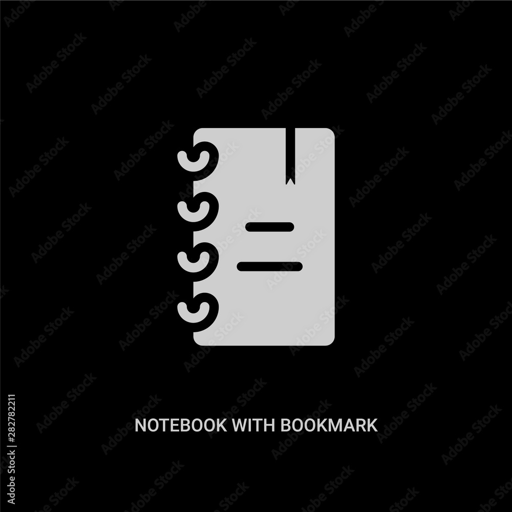 white notebook with bookmark vector icon on black background. modern flat notebook with bookmark from education concept vector sign symbol can be use for web, mobile and logo. white notebook with bookmark vector icon on black background. modern flat notebook with bookmark from education concept vector sign symbol can be use for web, mobile and logo.