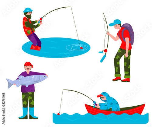 Fishing in nature. Fishing, quiet hunting. Set of vector flat characters people men on white background.