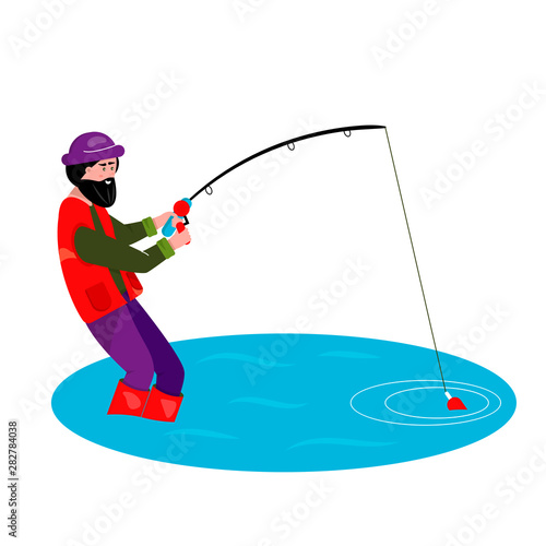Fishing in nature. Fishing, quiet hunting. Vector character man with a beard on a white background stands in the lake and pulls a big fish