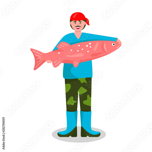 Fishing in nature. Fishing, quiet hunting. Vector character man on a white background caught and holds a big fish.