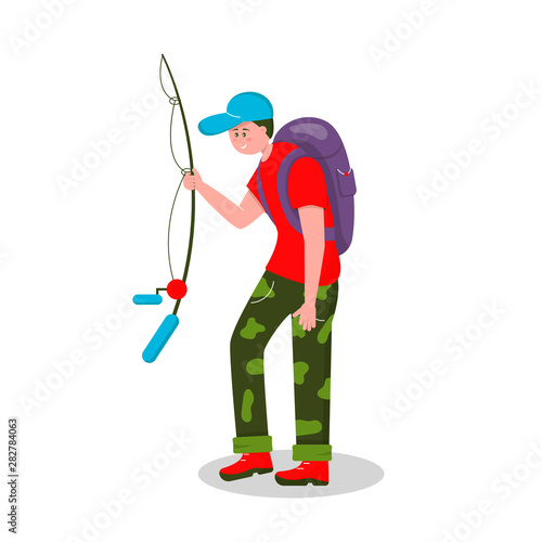 Fishing in nature. Fishing, quiet hunting. Vector character man on a white background goes with a fishing rod and a backpack for fishing.