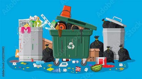 Plastic garbage bin full of trash. Overflowing garbage, food, rotten fruit, papers,containers and glass. Garbage recycling and utilization equipment. Waste management Vector illustration in flat style