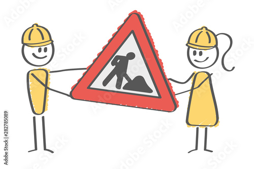 Stick Figure - construction workers with sign
