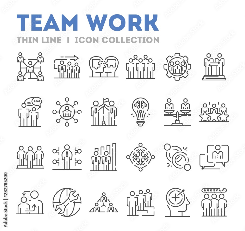 Big set of thin line icons related with human resources management isolated on white. Outline team work pictograms collection. Partnership, cooperation logos. Vector elements for infographic, web.