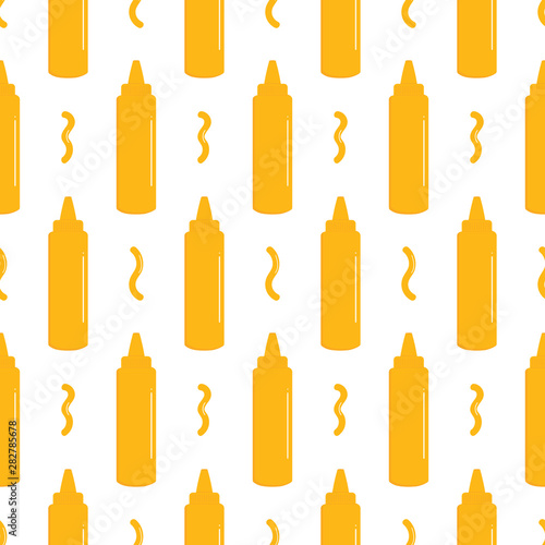 Cute vector seamless pattern background with cartoon style mustard bottle sauce.