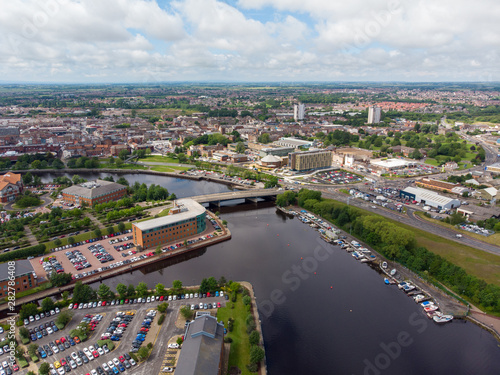 Aerial photo of the River Tee in Middlesbrough a large post-industrial town in the county of North Yorkshire, England, taken on a bright sunny day photo