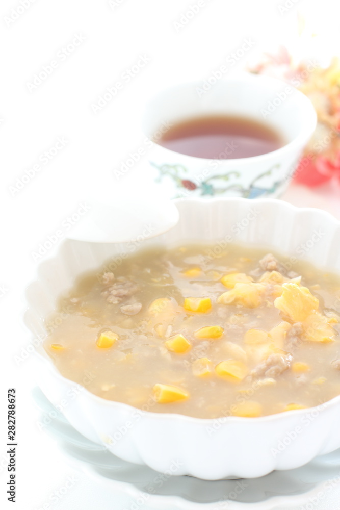 Chinese food, homemade ground pork meat and corn soup Chinese food, homemade ground pork meat and corn soup