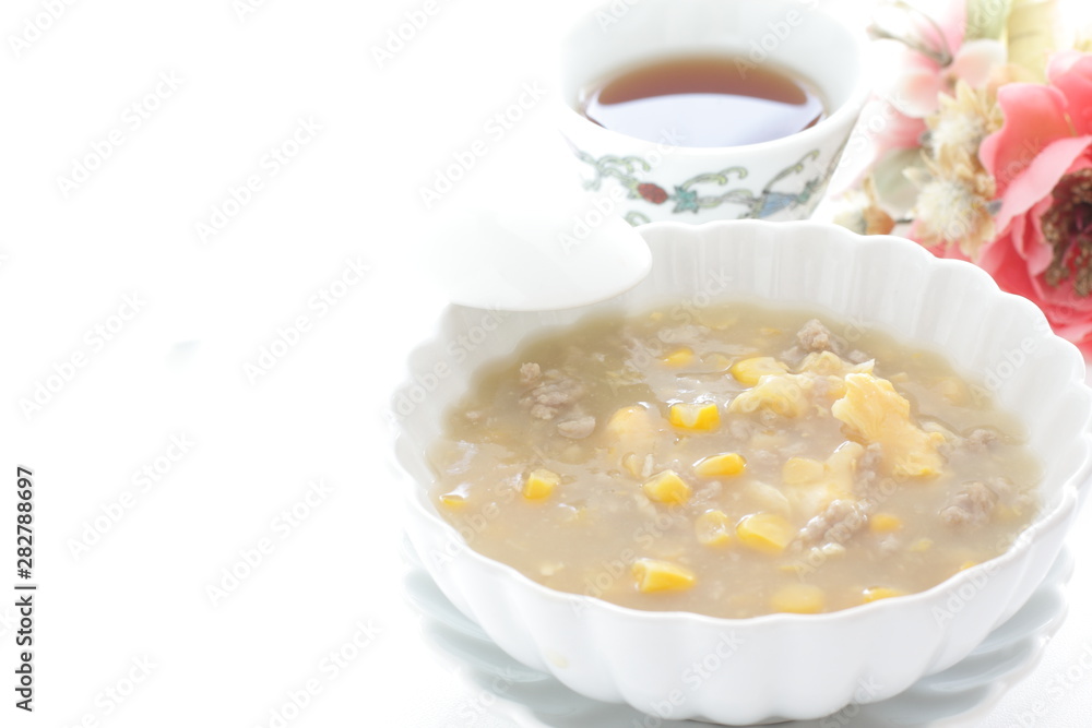 Chinese food, homemade ground pork meat and corn soup Chinese food, homemade ground pork meat and corn soup
