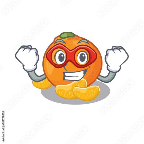 Super hero tangerine is stored in cartoon refrigerator