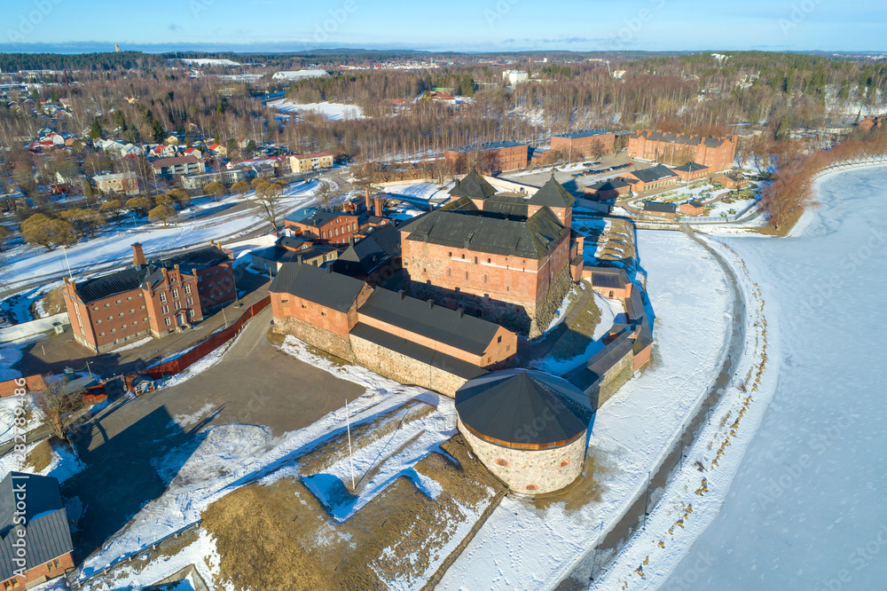 Aerial view of the ancient fortress of the Hameenlinna sity on a sunny March day (aerial photography). Finland