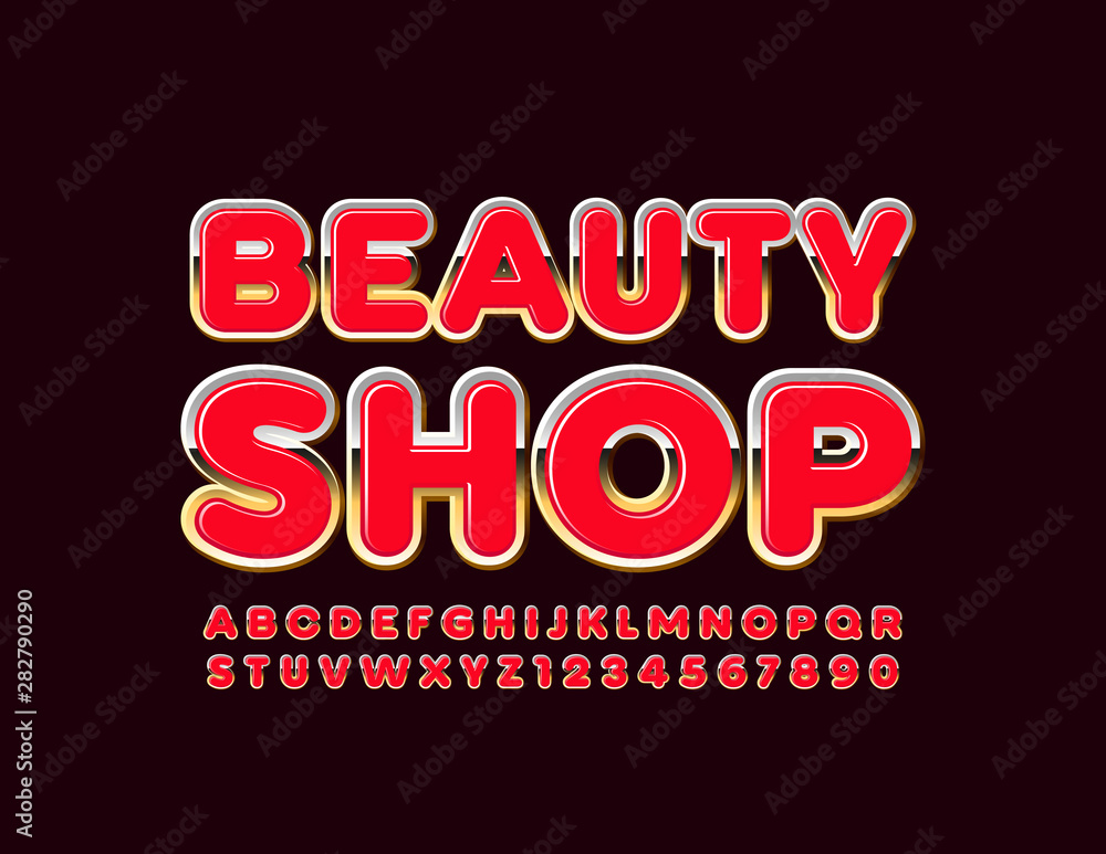 Vector chic emblem Beauty Shop with Pink and Gold Alphabet. Shiny Uppercase Font. Glamour Letters and Numbers set