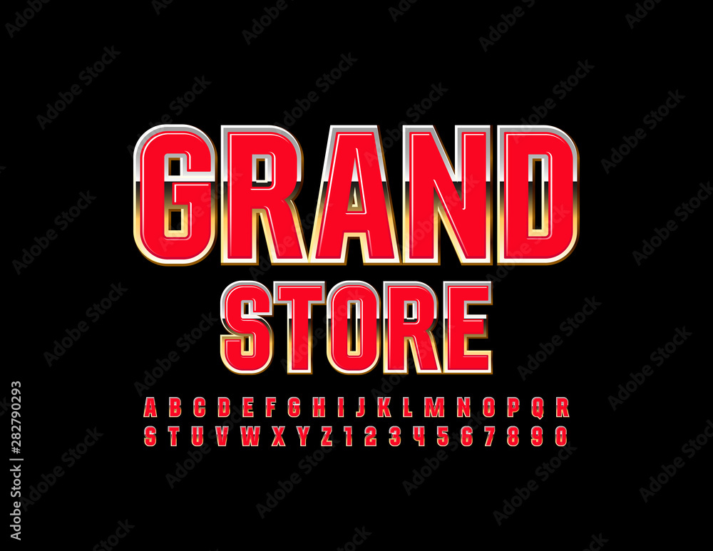 Vector elite banner Grand Store. Elegant Uppercase Font. Red and Golden Alphabet Letters and Numbers