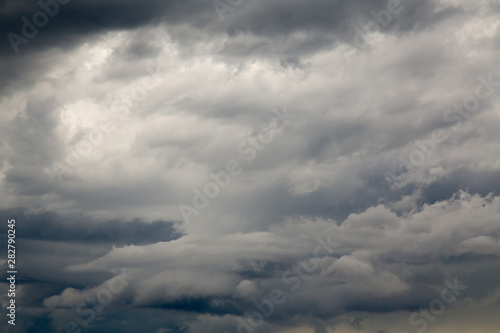 Dramatic Sky Background. Stormy Clouds in Dark Sky. Moody Cloudscape. Panoramic Image Can Be Used as Web Banner or Wide Site Header. Toned and Filtered Photo with Copy Space. © Todorov