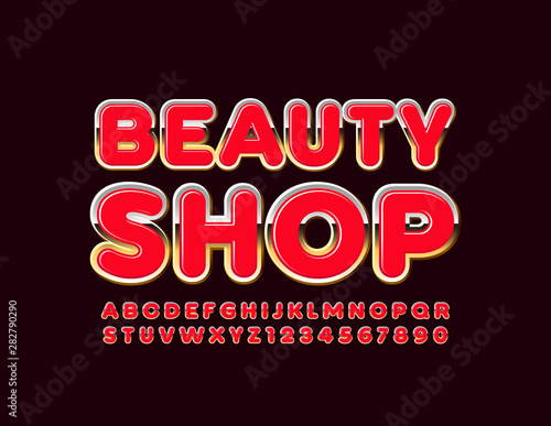 Vector chic emblem Beauty Shop with Pink and Gold Alphabet. Shiny Uppercase Font. Glamour Letters and Numbers set