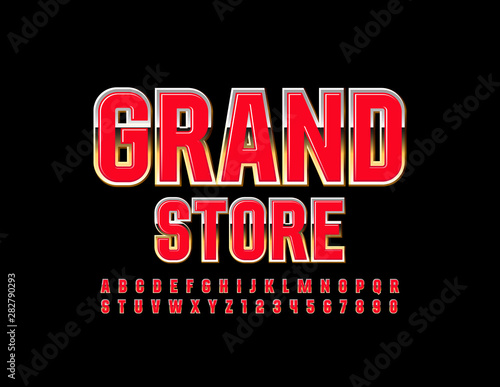 Vector elite banner Grand Store. Elegant Uppercase Font. Red and Golden Alphabet Letters and Numbers