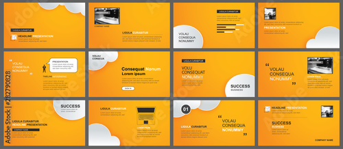 Presentation and slide layout template. Design orange and clouds in paper style background. Use for business annual report, keynote, flyer, marketing, leaflet, advertising, brochure.