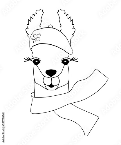 Cute black-white Llama in a beret with a scarf .Llama for coloring, childish print for fabric, t-shirt, poster, card, and different design.