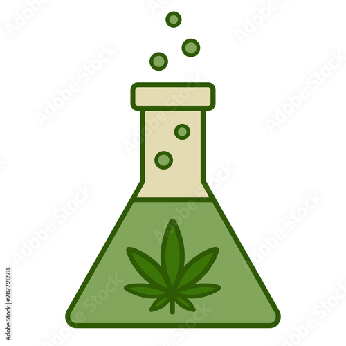 Chemical test tube with cannabis leaf icon. Medical marijuana. Isolated vector illustration on white background.