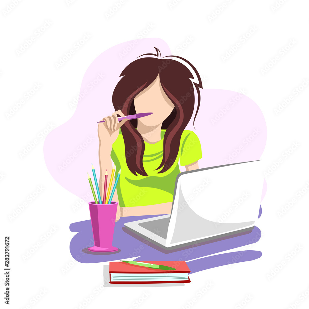 Young beautiful business woman working on new project. Bright vector illustration Young beautiful business woman working on new project. Bright vector illustration