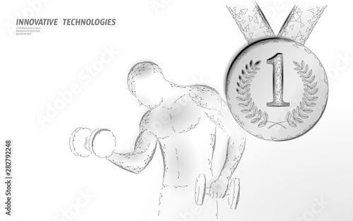 Strong sportsman weight 3D champion winner concept. Low poly medal first place sport powerlifting body shape. Male dumbbell training strength athletic arm. Bodybuilding contest vector illustration