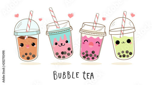 Cute Bubble milk tea cartoon characters vector set.  Design for Milk Tea Ads and Logo design template.  photo