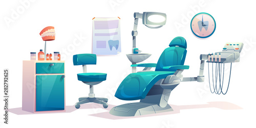Dentist office, dental cabinet interior, empty stomatology doctor workplace with professional equipment for tooth care, patient transforming armchair, medical clinic room. Cartoon vector illustration