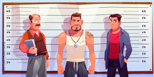 Police lineup, identity parade with various age, different constitution male suspects, standing in police station under two-way mirror cartoon vector illustration. Criminals identification concept