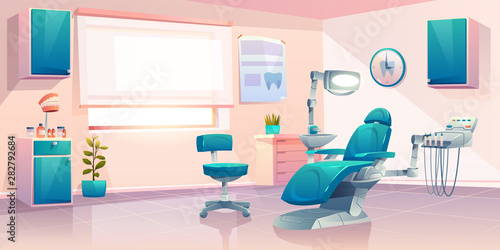 Dentist office, stomatology service or clinic cabinet, orthodontist practice workplace interior with modern chair equipped integrated dental engine and surgical light unit cartoon vector illustration