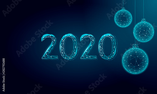 Low poly 3D Christmas tree balls holiday greeting card. Happy new year blue dark night sky black. Date 2020 numbers geometric toy decoration bauble sphere polygonal triangle number vector illustration