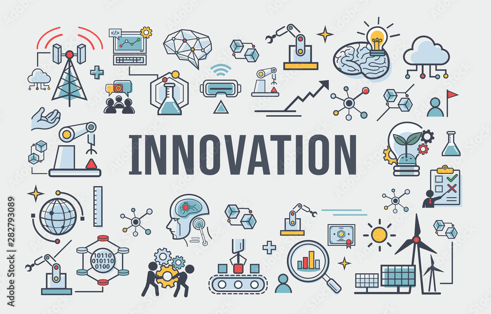 Innovation banner web icon for business, brain, research, creative, light bulb, Development and science technology.  simple thin line infographic.