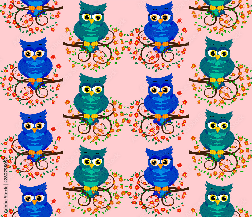 Cute seamless pattern with owls and stars in pastel colors. illustration