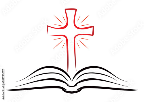 Open book with shining Christian cross inside