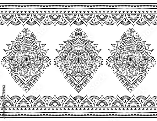 Seamless pattern of mehndi lotus flower and border for Henna drawing and tattoo. Decorative doodle ornament in ethnic oriental, Indian style. Outline hand draw vector illustration.