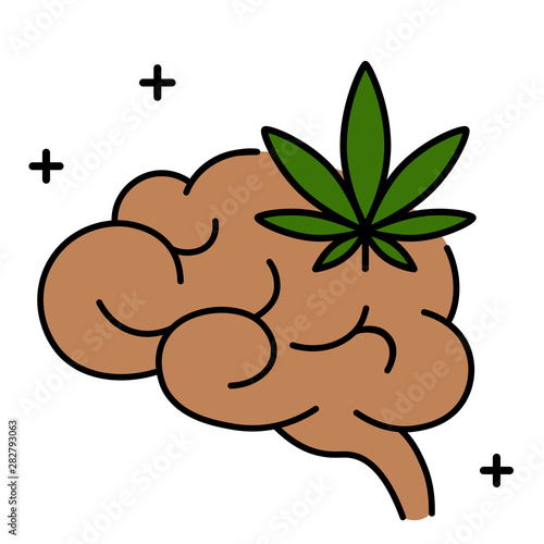 Cannabis, marijuana or weed and brain. Influence of smoking marijuana on human brain, nervous system, mental activity. Isolated vector illustration on white background.