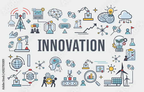 Innovation banner web icon for business, brain, research, creative, light bulb, Development and science technology.  simple thin line infographic.
