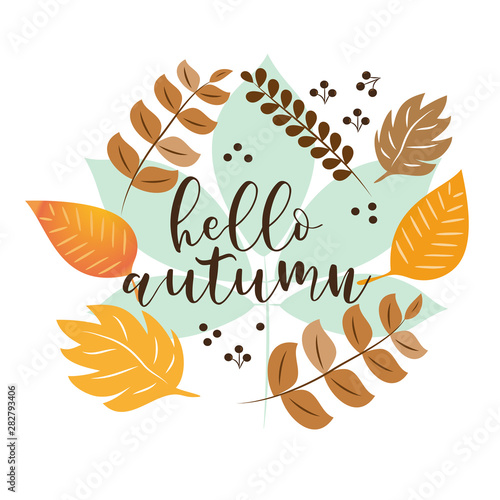 Hello autumn text, colorful leaves wreath.