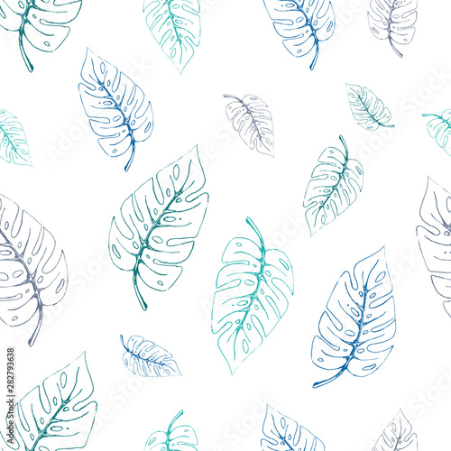 Beautiful pattern of tropical leaves monstera freehand drawing. Pencil sketch of monstera leaves in shades of blue and purple. EPS8 vector illustration