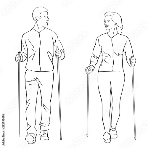 Nordic or scandinavian walking. Female and male silhouettes with sticks. Safe fitness for young couple. Black isolated contour. Hand drawn style. Vector outline. Graphic element.