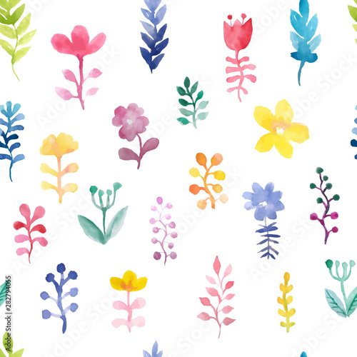 Vector seamless pattern with flowers and plants. Bright watercolor floral decor. Original floral background. Pattern for textiles and baby clothes EPS8 vector illustration